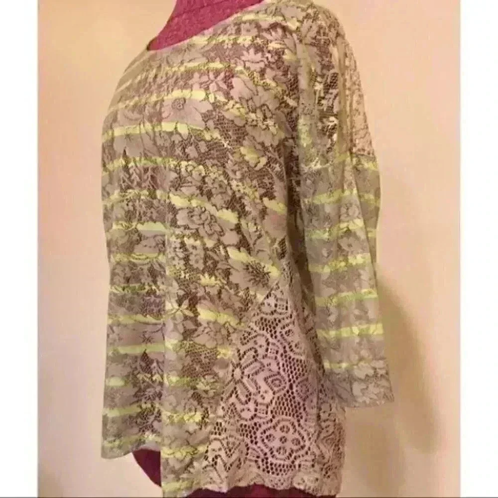 Style & Co Top Green Brown Floral 3/4 Sleeve
